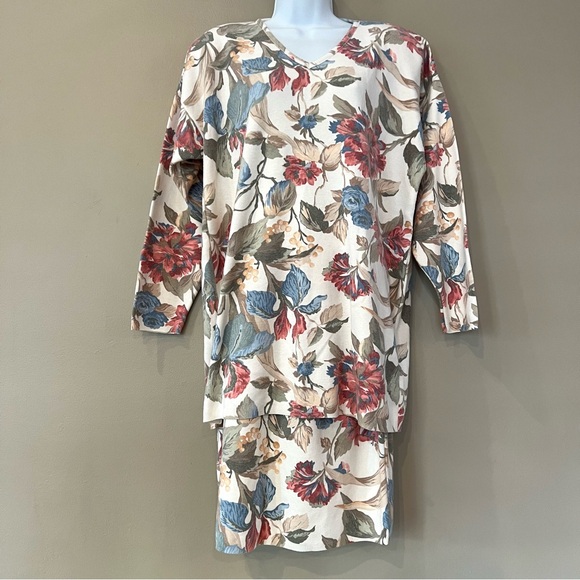 3 Pc Vintage Cottagecore Skirt Set‎ Baggy Floral Knit Tunic Long Sweater Sz S - Picture 1 of 15